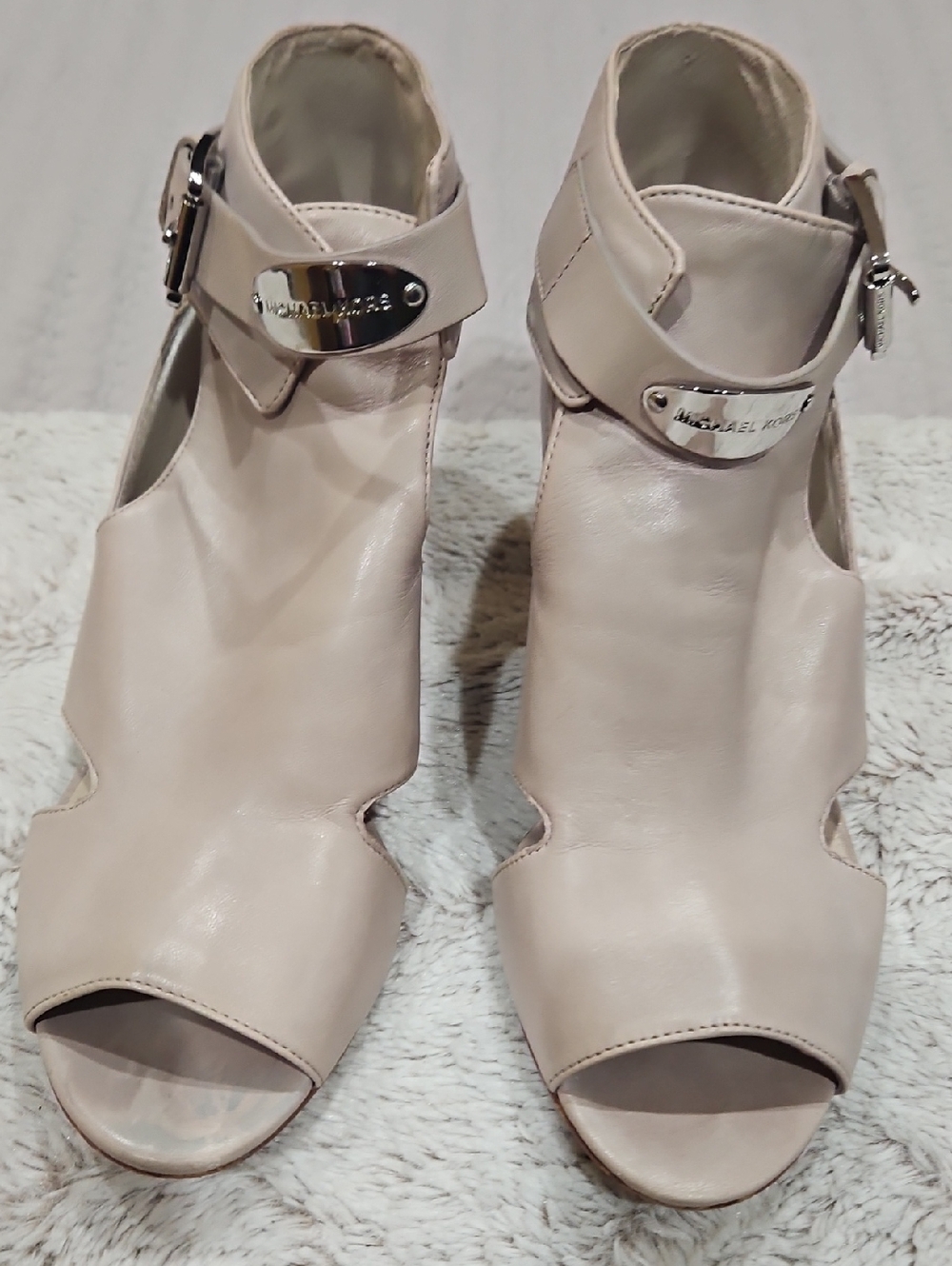 Michael Kors Beige Leather Cutout Ankle Strap Peep-Toe Heels